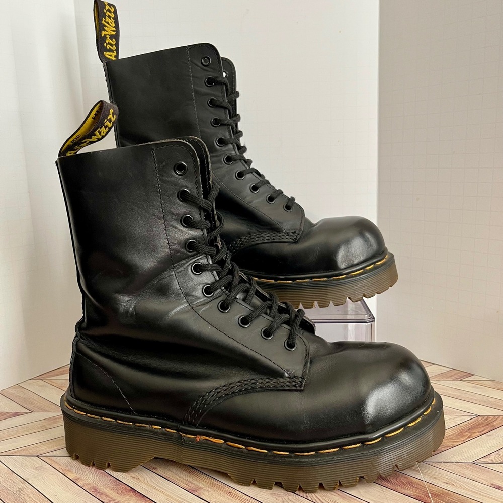 Vtg Dr Martens 133 Steel Toe 10 Eye Boots UK 5 Men 6 Wmn 7 Black Made in England